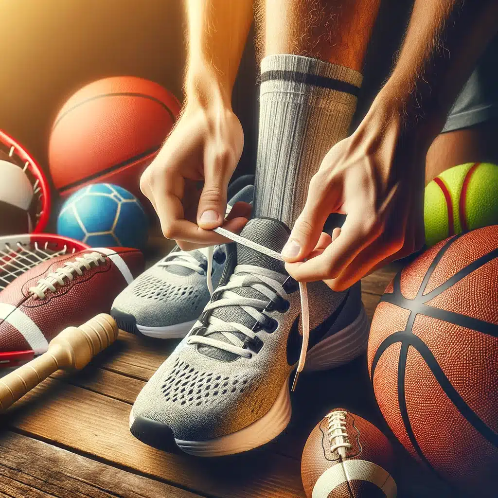 Joueur de basketball fait ses lacets de sa chaussure de sport