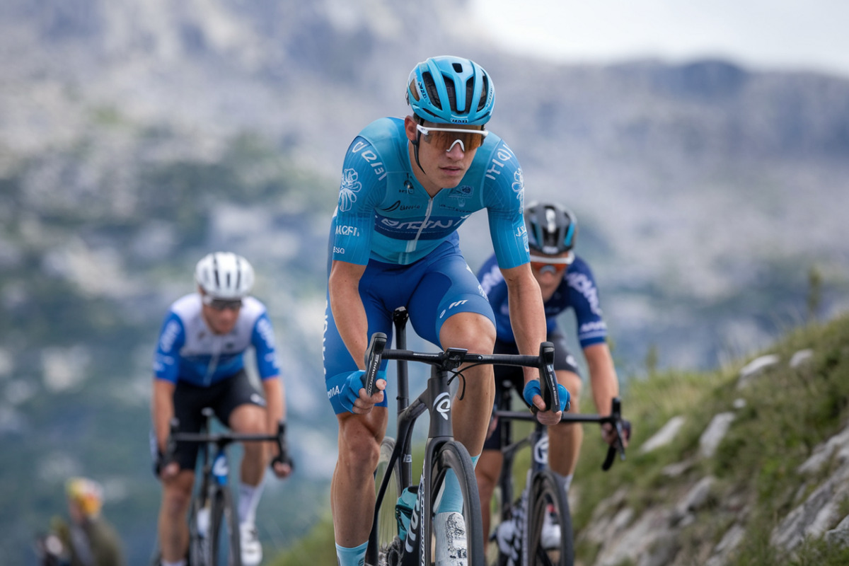 Vingegaard entouré de trois cyclistes rivaux sur route de montagne