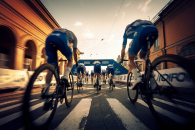 Peloton de cyclistes en sprint dans les rues de Sofia, Bulgarie