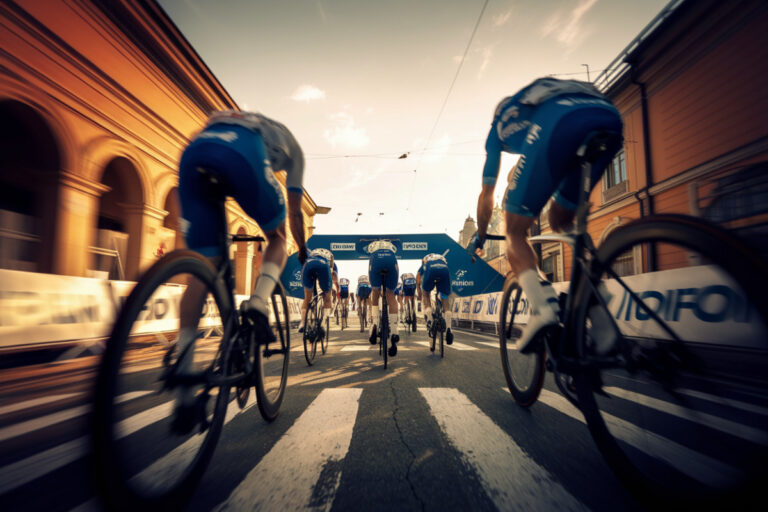 Peloton de cyclistes en sprint dans les rues de Sofia, Bulgarie