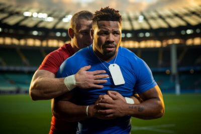 Auradou en tenue de rugby, souriant après son retour en compétition officielle.