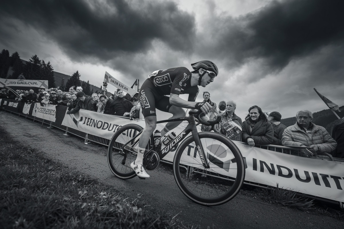 Cycliste franchissant la ligne d'arrivée de la troisième étape du Tour de Suisse 2026.