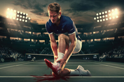 Jannik Sinner jouant au tennis, pied blessé saignant, à Wimbledon pendant le match.