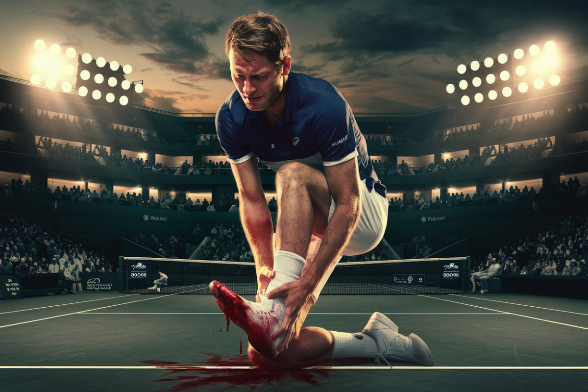 Jannik Sinner jouant au tennis, pied blessé saignant, à Wimbledon pendant le match.