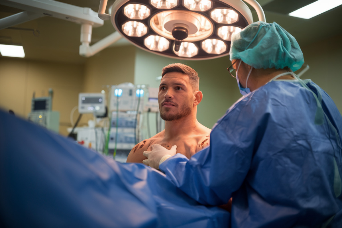 Joueur de rugby Ben Tameifuna en tenue médicale après intervention chirurgicale épaule