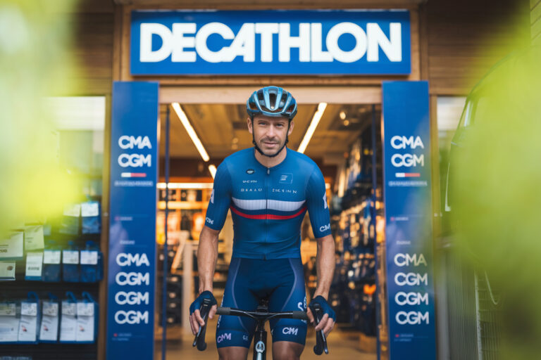 Romain Bardet en tenue Decathlon-CMA CGM, souriant lors de sa présentation officielle.