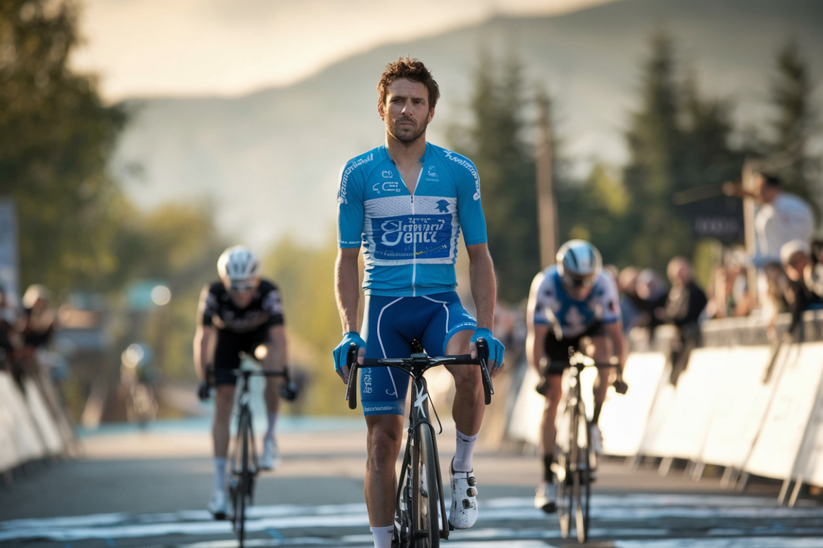Romain Grégoire franchissant la ligne d'arrivée, champion de France cyclisme après 268 kilomètres.