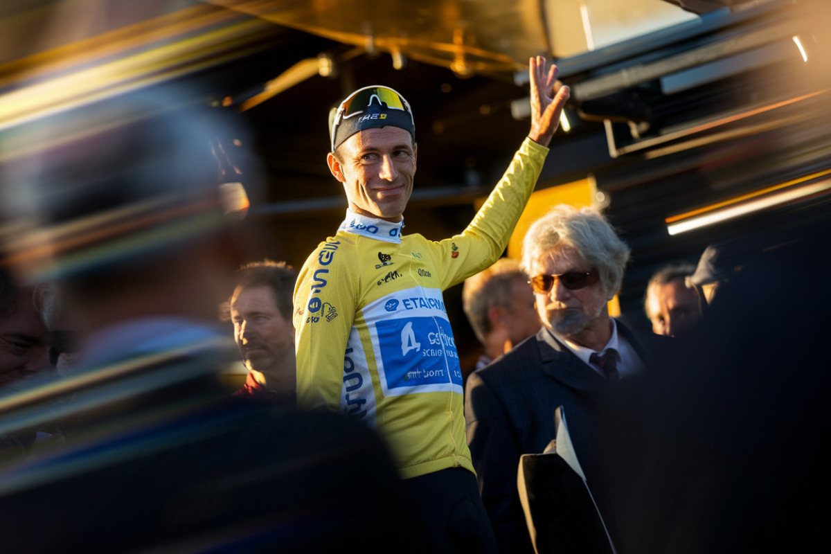 Romain Grégoire levant les bras en célébration, maillot de champion, vélo à la main.