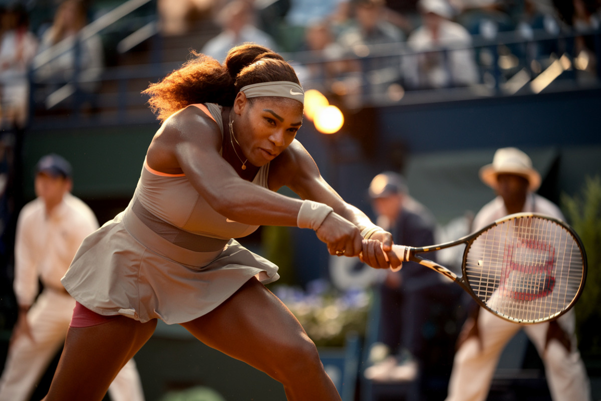 Serena Williams en tenue de tennis sur le court central de Wimbledon, concentrée.