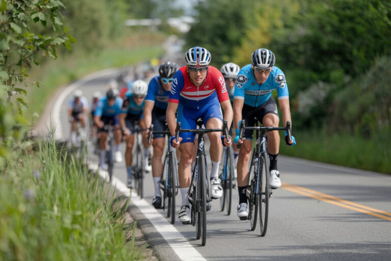 Cyclistes du VC Villefranche en peloton sur les routes sinueuses du Beaujolais.