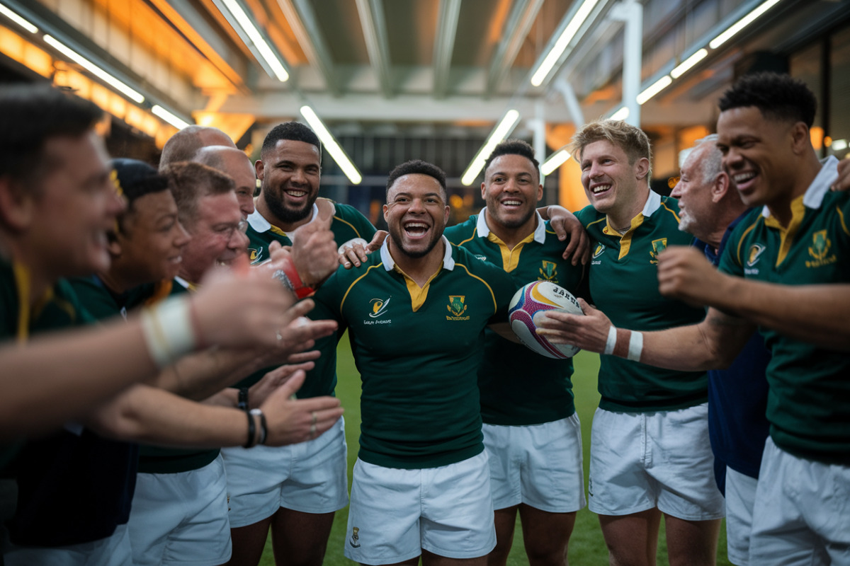 Les rugbymen sud-africains célèbrent leur victoire décisive face à la Corée du Sud au stade.