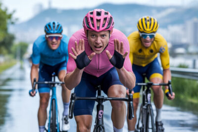 Trois cyclistes franchissent la ligne d'arrivée du contre-la-montre monégasque avec deux minutes de décalage entre eux.