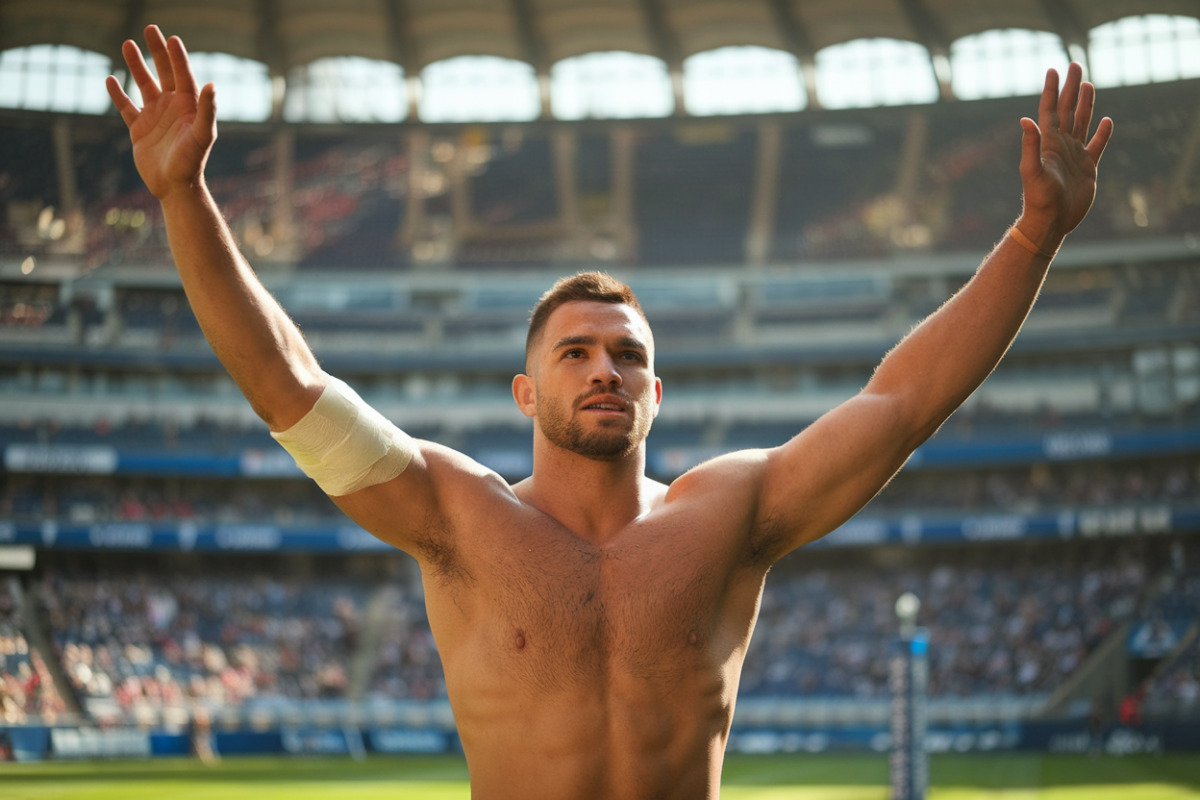 Joueur de rugby blessé sur le terrain, équipe préoccupée en arrière-plan