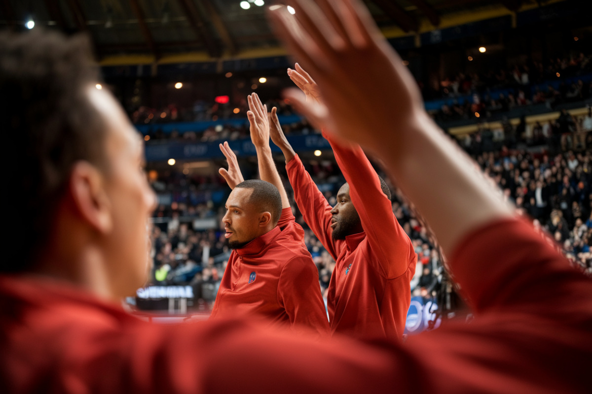 Joueurs de Monaco célébrant un panier décisif lors de ce match de basket crucial.