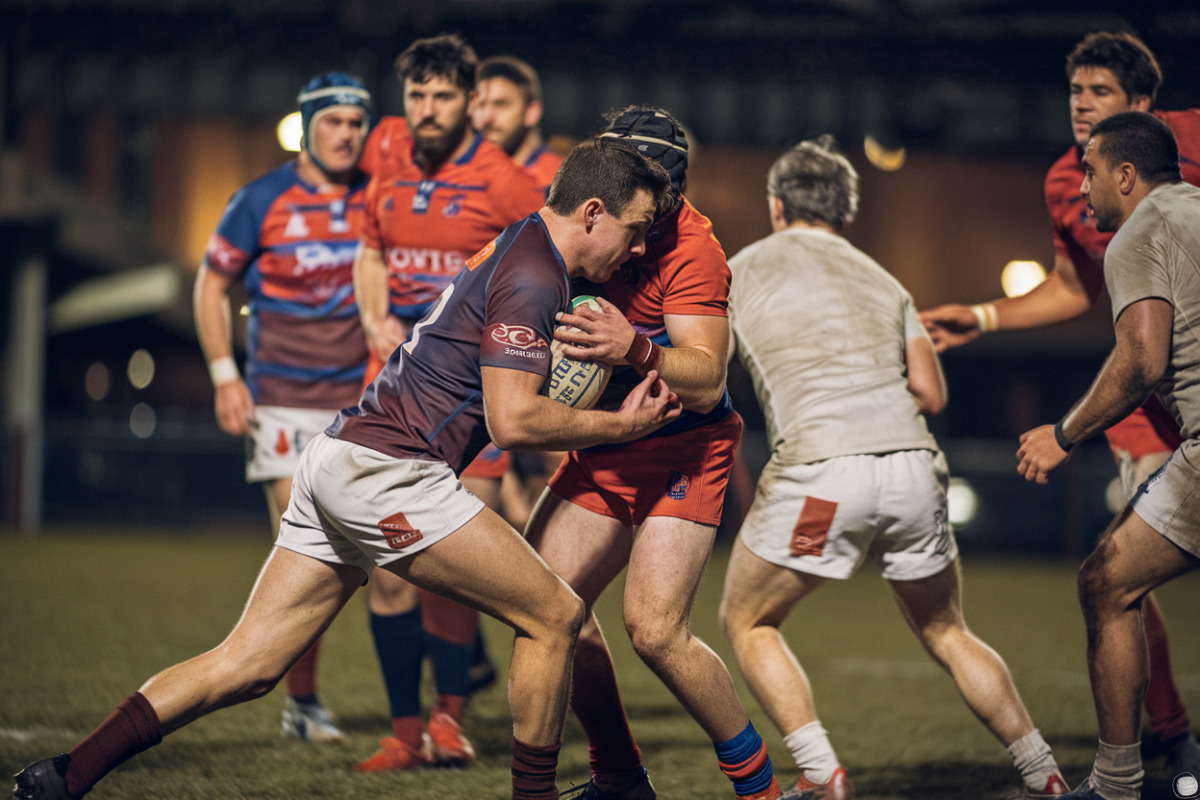 Toulouse et Montpellier s'affrontant au stade, joueurs en mêlée intense pour la finale de rugby.