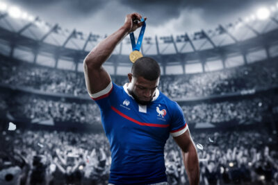 Louis Bielle-Biarrey en tenue de rugby, ballon en main, dynamique et concentré