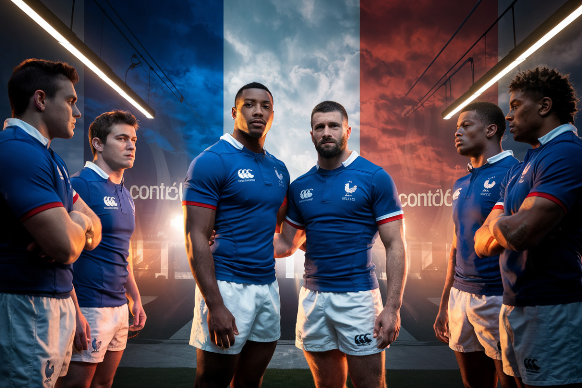Équipe de France rugby avec Ntamack et Jalibert en attaque face à l'Australie.