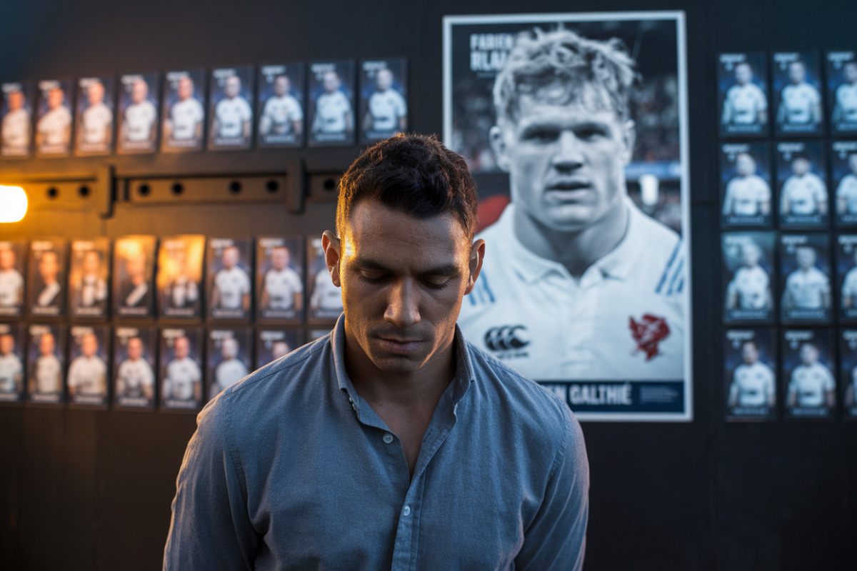 Fabien Galthié analysant des affiches du Championnat des nations avec expression réfléchie.