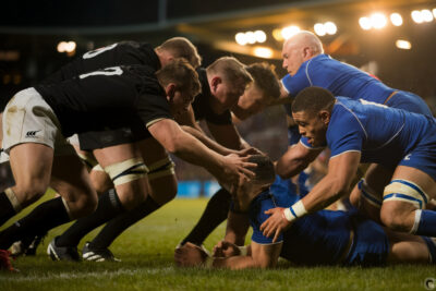 Des joueurs français en maillot bleu dominaient le terrain face aux All Blacks néozélandais.