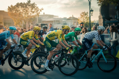 Coureurs cyclistes démarrant du Grand Départ du Tour de France à Nantes, Bretagne.