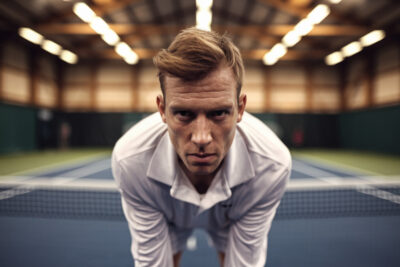 Jannik Sinner en tenue de tennis, souriant, tenant sa raquette lors d'un match professionnel.