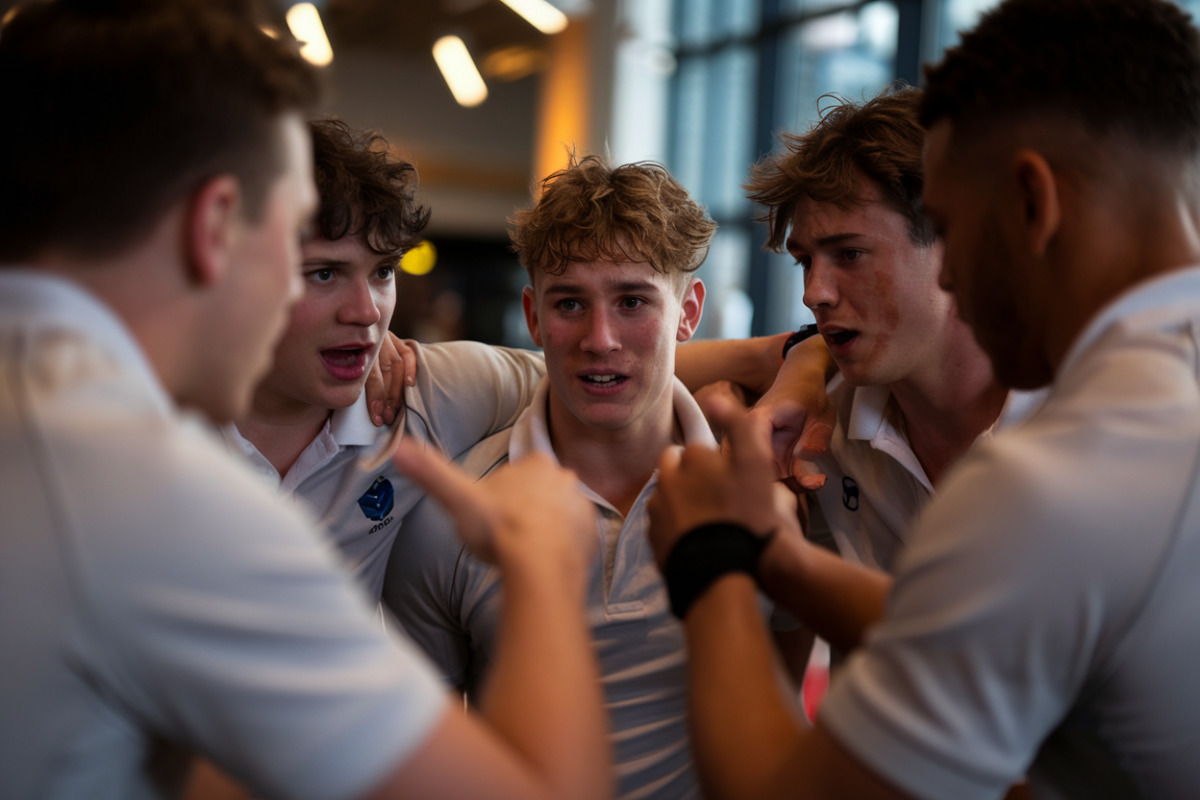 Trois jeunes cadets du rugby, dont Paul prodige, en tenue d'entraînement professionnelle.