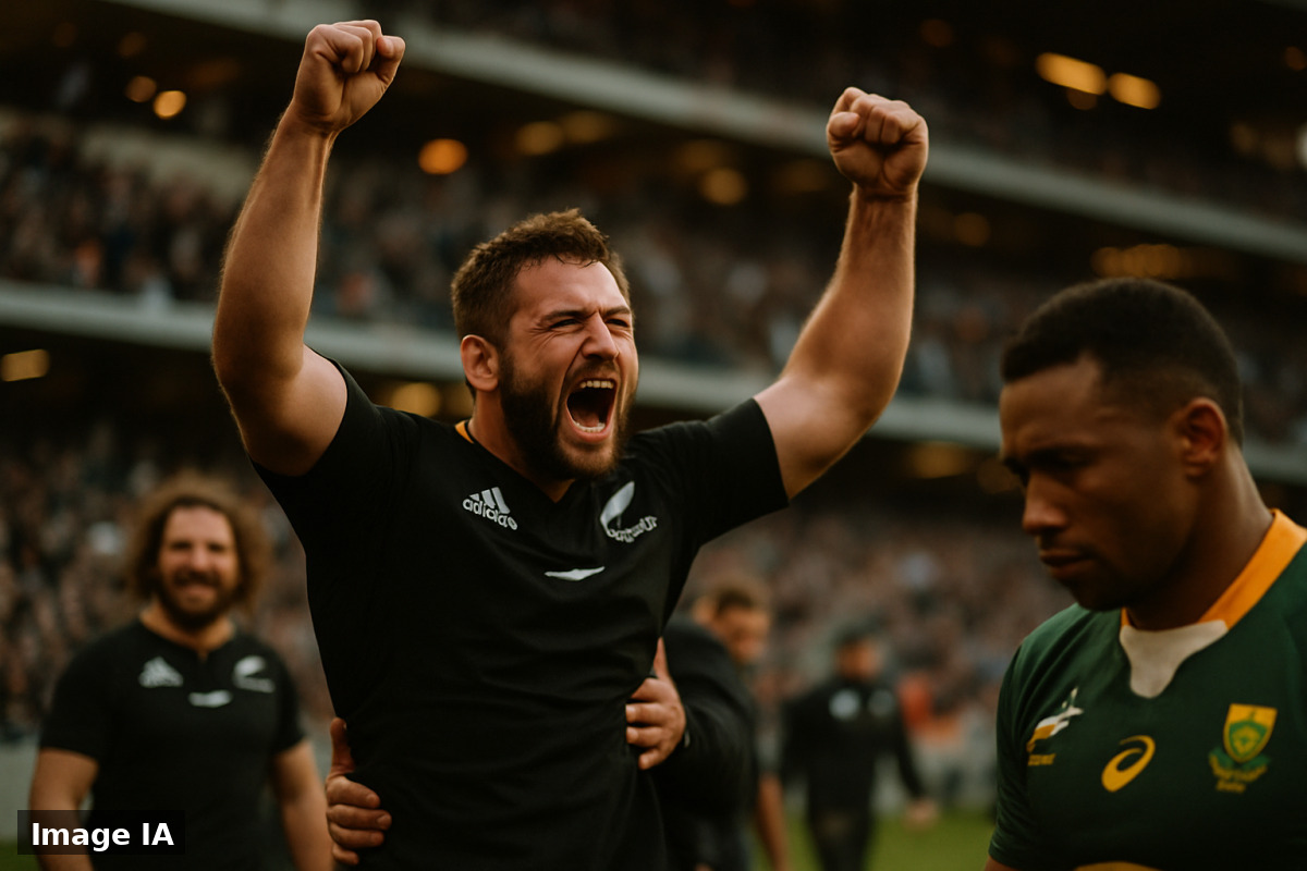 Les All Blacks affrontant les Springboks au Cap, joueurs en mêlée intense.