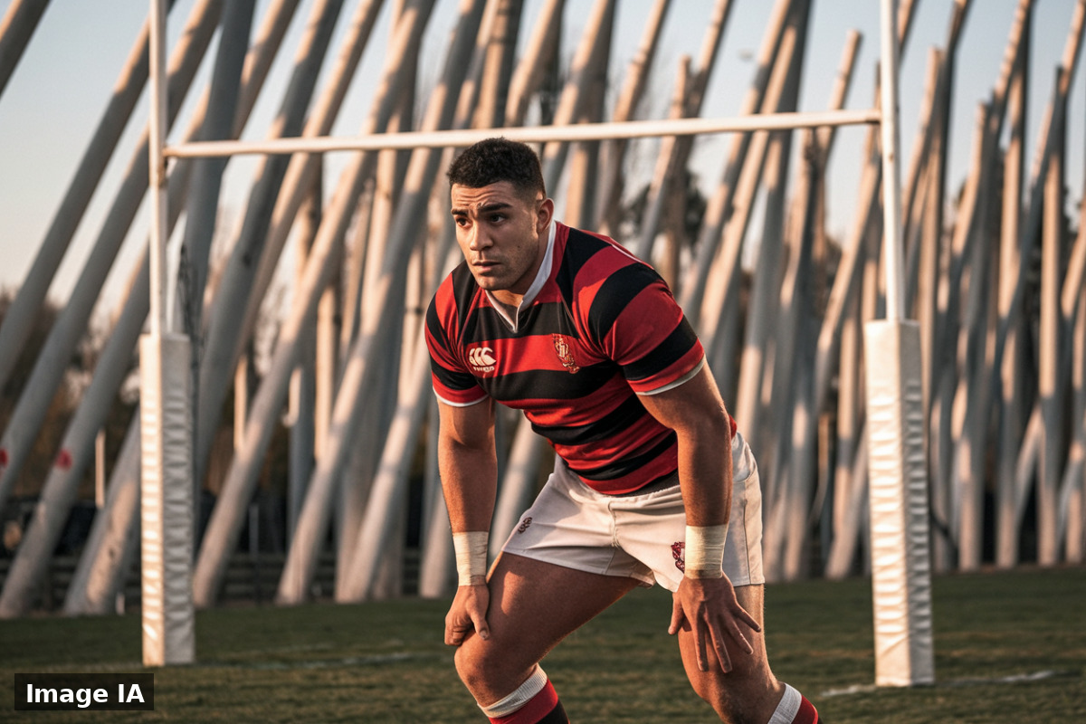 Trois joueurs du Stade Toulousain s'entraînent intensément sur le terrain en juillet.