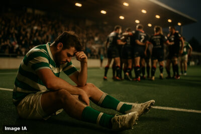 Des joueurs de rugby au stade du Hameau lors du match Pau-Lyon, célébrant la qualification en finale.