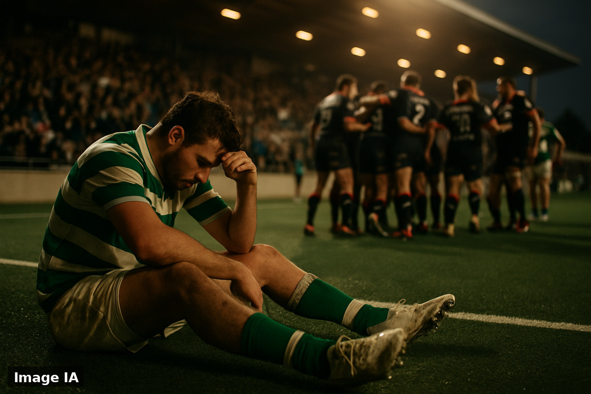 Des joueurs de rugby au stade du Hameau lors du match Pau-Lyon, célébrant la qualification en finale.