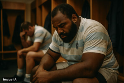 Joueur blessé Jefferson Poirot au sol durant match rugby UBB, inquiétude piliers avant Racing.