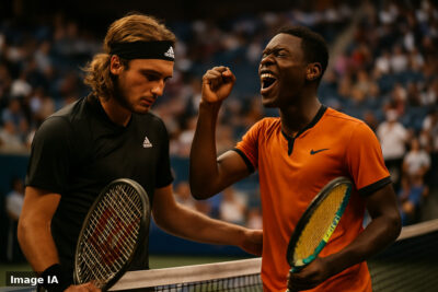 Arthur Fils et Stefanos Tsitsipas s'affrontent sur le court de l'US Open lundi.