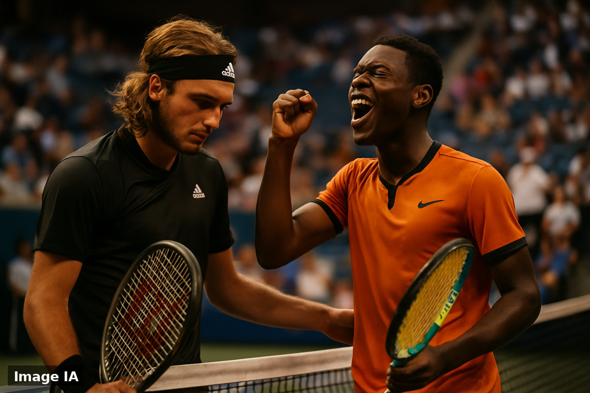 Arthur Fils et Stefanos Tsitsipas s'affrontent sur le court de l'US Open lundi.