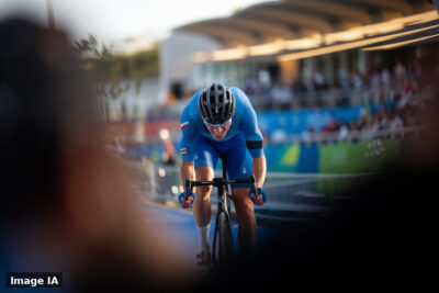 Cycliste français Émilien Jacquelin en tenue de compétition lors des Jeux Méditerranéens à Tarente.