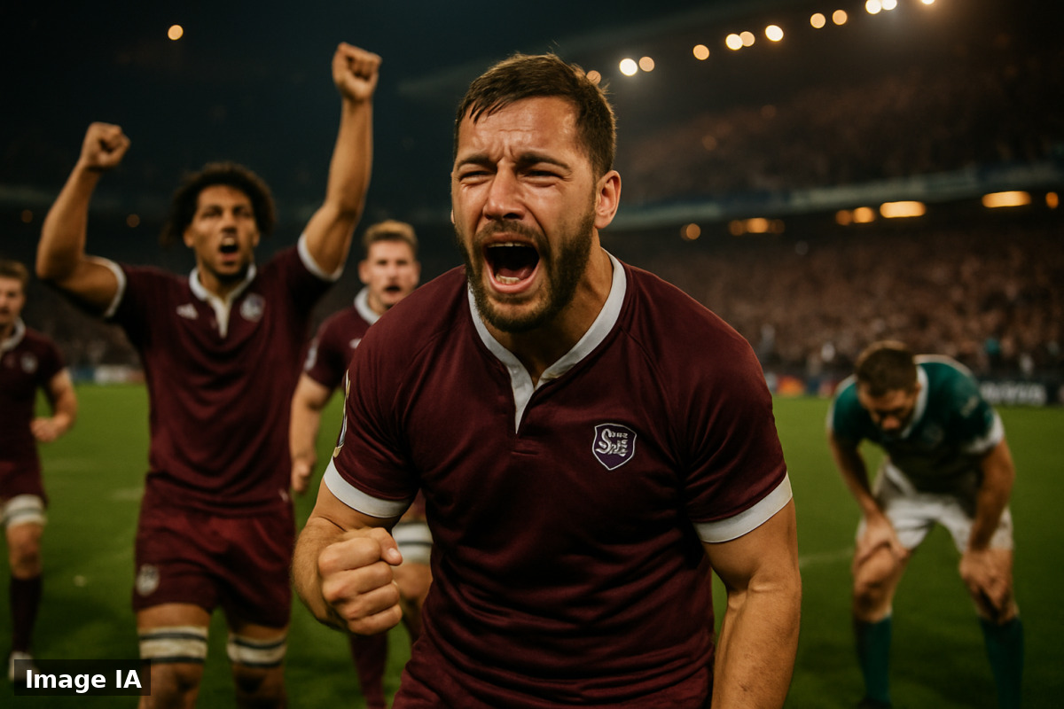 Deux équipes de rugby s'affrontent au stade Matmut devant une foule nombreuse.