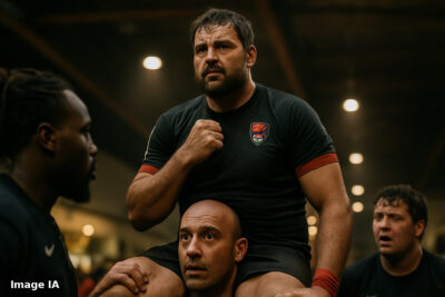 Mickaël Guillard célèbre avec ses coéquipiers du LOU après victoire au rugby.