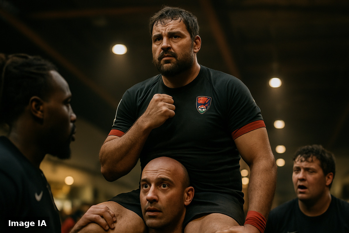 Mickaël Guillard célèbre avec ses coéquipiers du LOU après victoire au rugby.