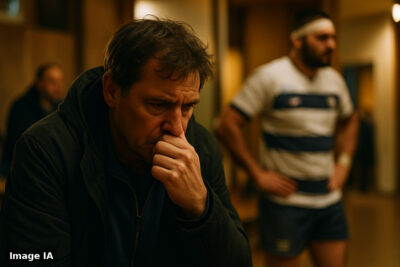 Joueur de rugby en position de transformation, ballon en main face aux poteaux.