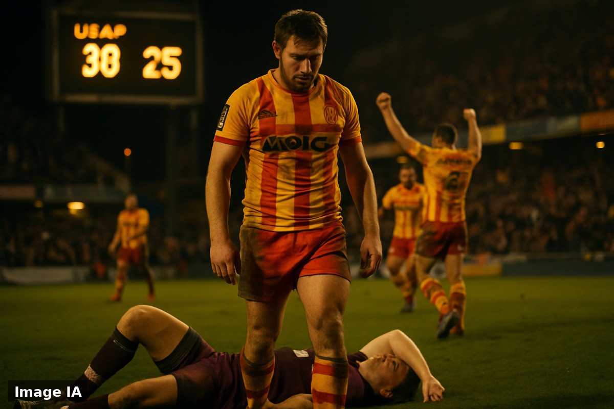 Joueurs de l'USAP célébrant la victoire au stade Aimé-Giral face à Bordeaux-Bègles.