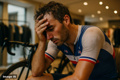 Emilien Jacquelin en tenue cycliste, pédalant lors du Tour de Grande-Bretagne.