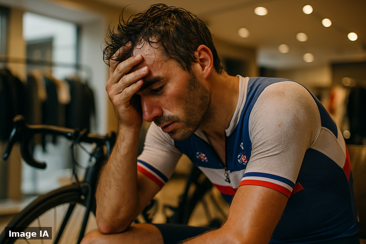 Emilien Jacquelin en tenue cycliste, pédalant lors du Tour de Grande-Bretagne.