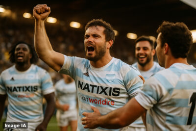 Joueurs de Racing 92 célèbrent leur victoire contre La Rochelle au stade.