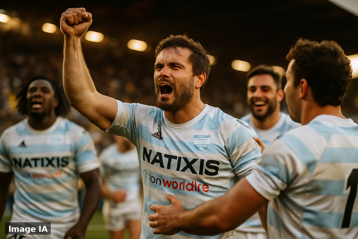 Joueurs de Racing 92 célèbrent leur victoire contre La Rochelle au stade.