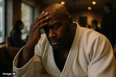 Teddy Riner en tenue de judo, tenant son épaule bandée, expression déçue.