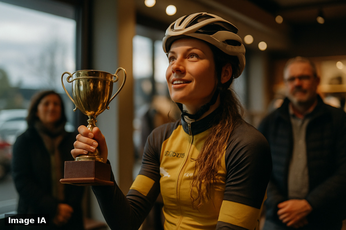 Nina Berton lève les bras en célébrant sa victoire cycliste en Bretagne.