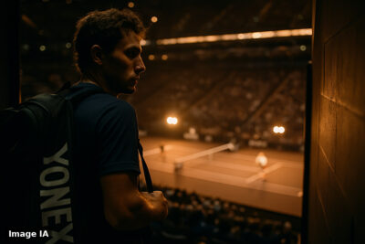Casper Ruud en action sur le court de l'O2 Arena à Londres lors d'un match.