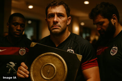 Les joueurs du Stade Toulousain brandissent le bouclier de Brennus en célébration triomphale.