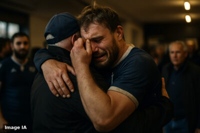 Joueurs d'Agen célébrant leur victoire 39-33 contre Grenoble en Pro D2 sur le terrain.