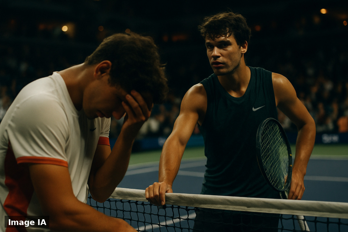 Ben Shelton célèbre sa victoire contre Alcaraz au court de l'US Open.