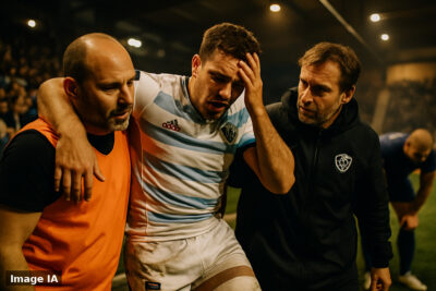Thomas Ramos allongé sur le terrain, se tenant la cuisse après sa blessure.